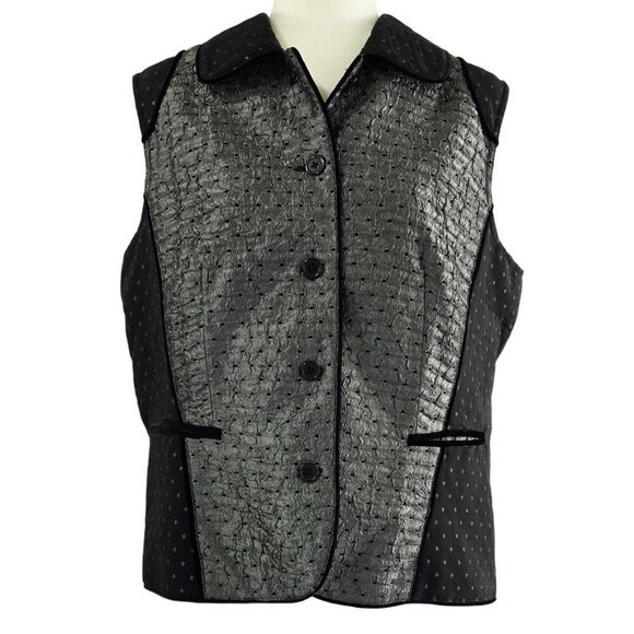 Coldwater Creek Black Gray Diamond Dot Crinkle Velvet Trim Vest Whimsical - Picture 1 of 8
